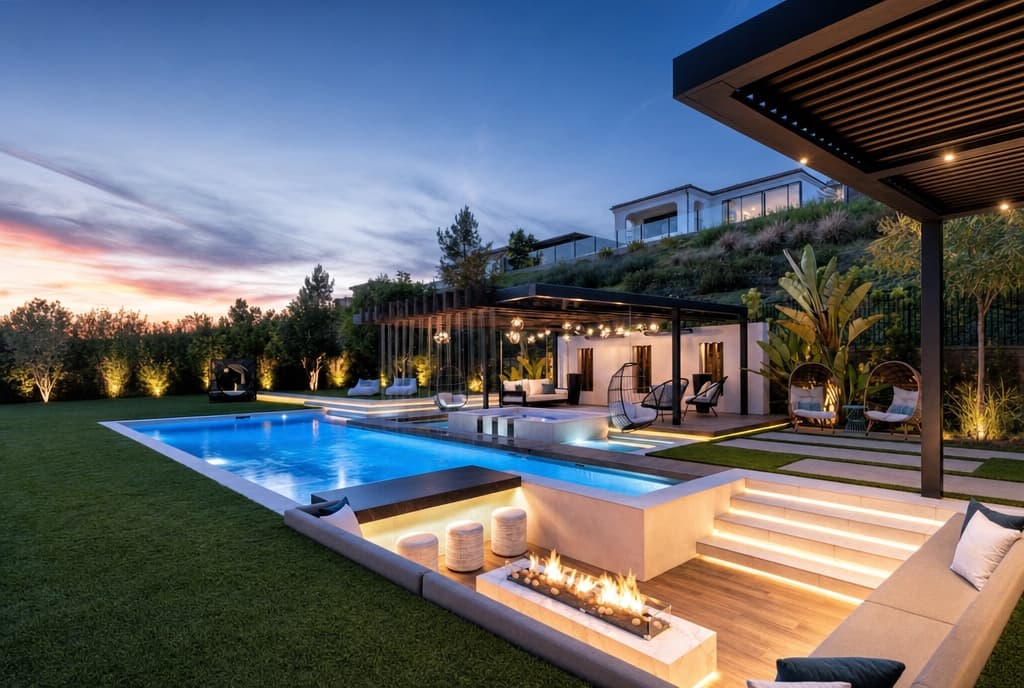 After: the same ground at dusk as a lit lap pool and spa, lawn, a black louvered pergola and a linear fire trough, with the hillside house above