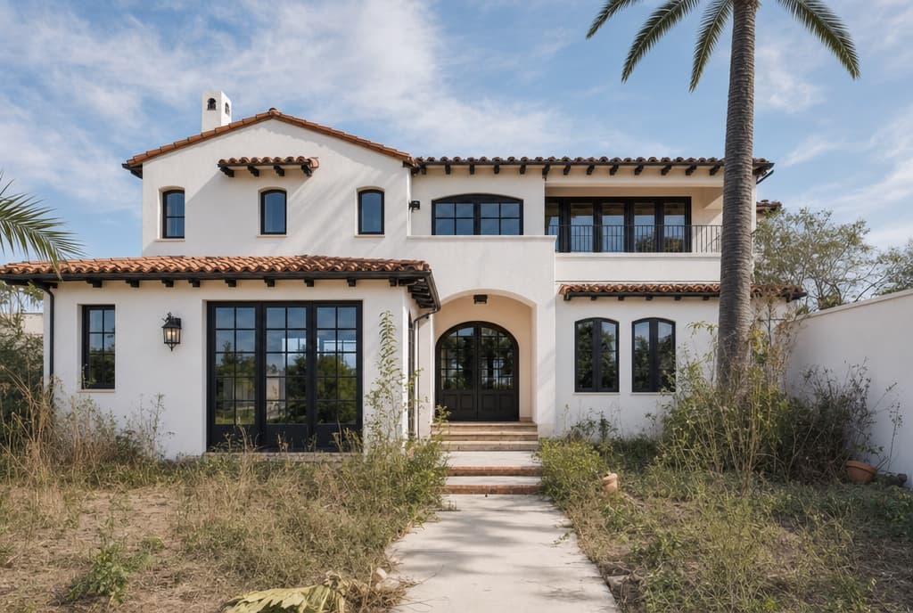 Before: the front entry of a Spanish revival house choked with waist-high weeds either side of a plain concrete path