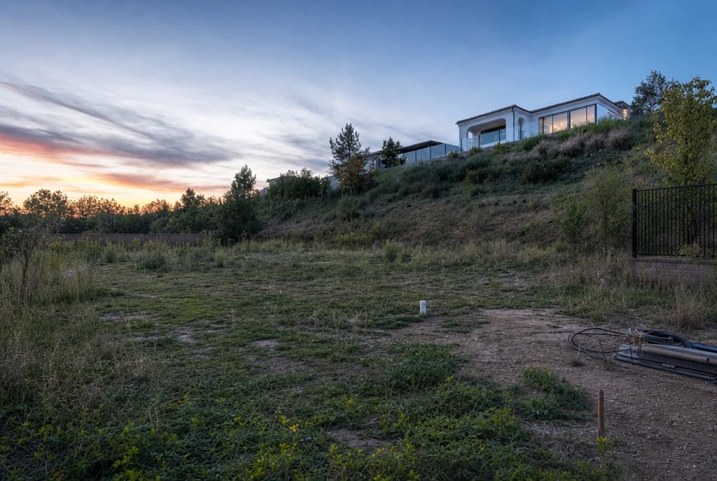 Before: a raw weed-covered lot at dusk on the slope below a modern hillside house, with irrigation stub-ups and coiled hose on bare dirt