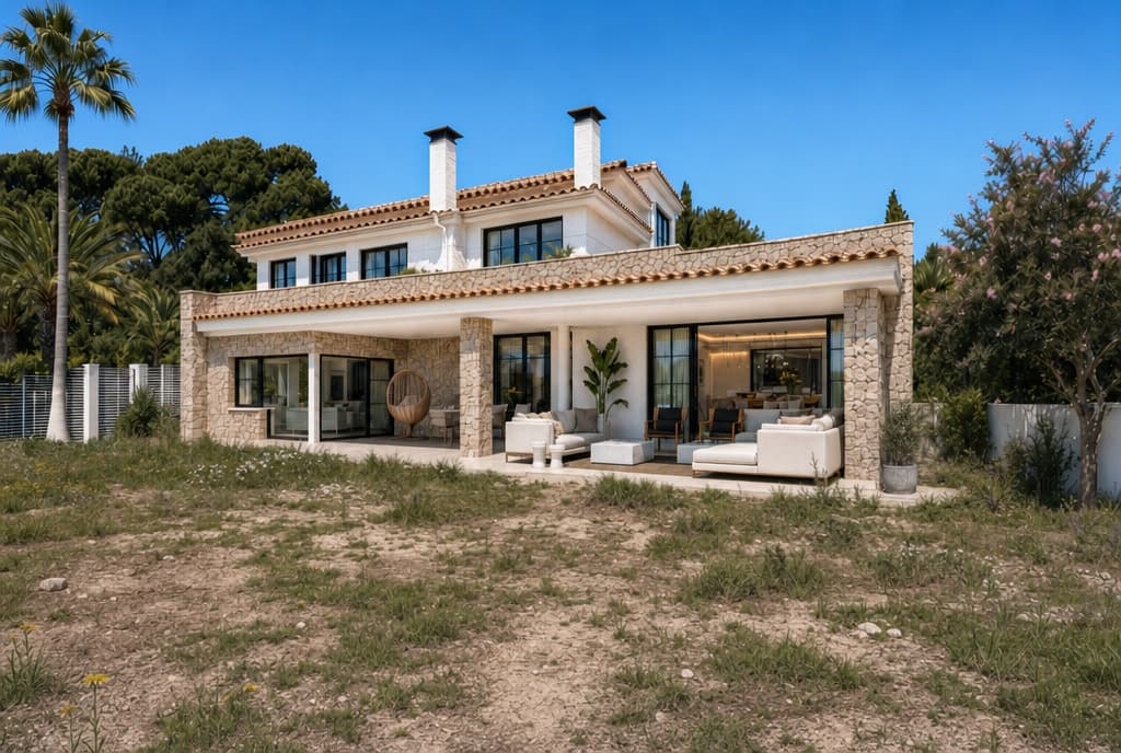 Before: bare dirt and dry scrub running right up to the covered terrace of a stone and stucco villa