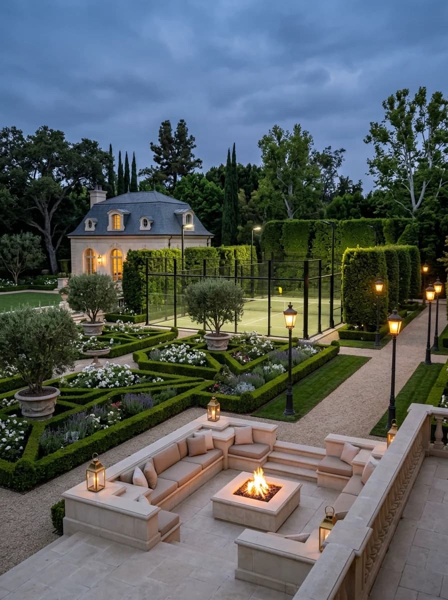Formal boxwood parterre and a sunken limestone fire lounge at a Calabasas estate at dusk