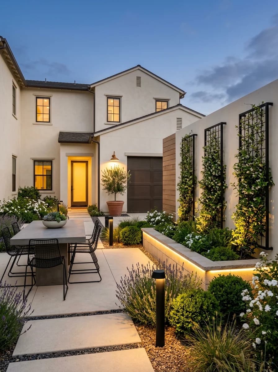 Courtyard dining terrace with vine-covered steel trellis panels and uplit planting in Carlsbad
