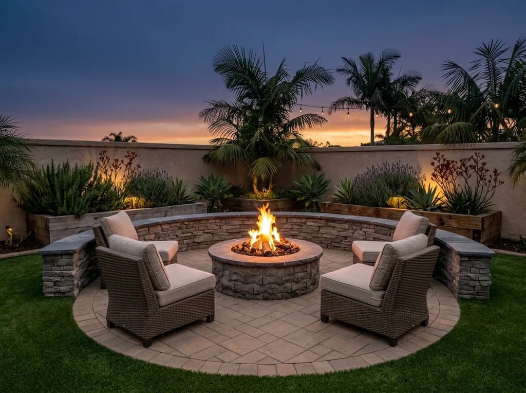 Circular paver fire lounge ringed by a stacked-stone seat wall and uplit planters in Carlsbad