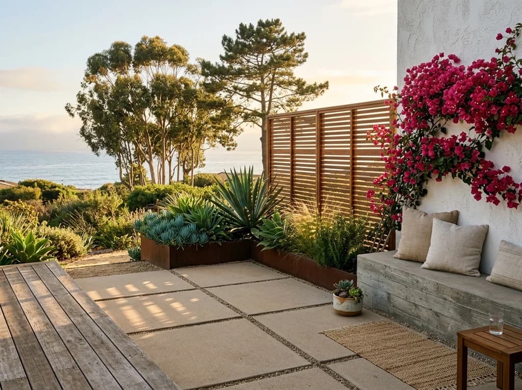 Sand-toned paver patio with ipe decking, corten planters, and a slatted privacy screen in Del Mar