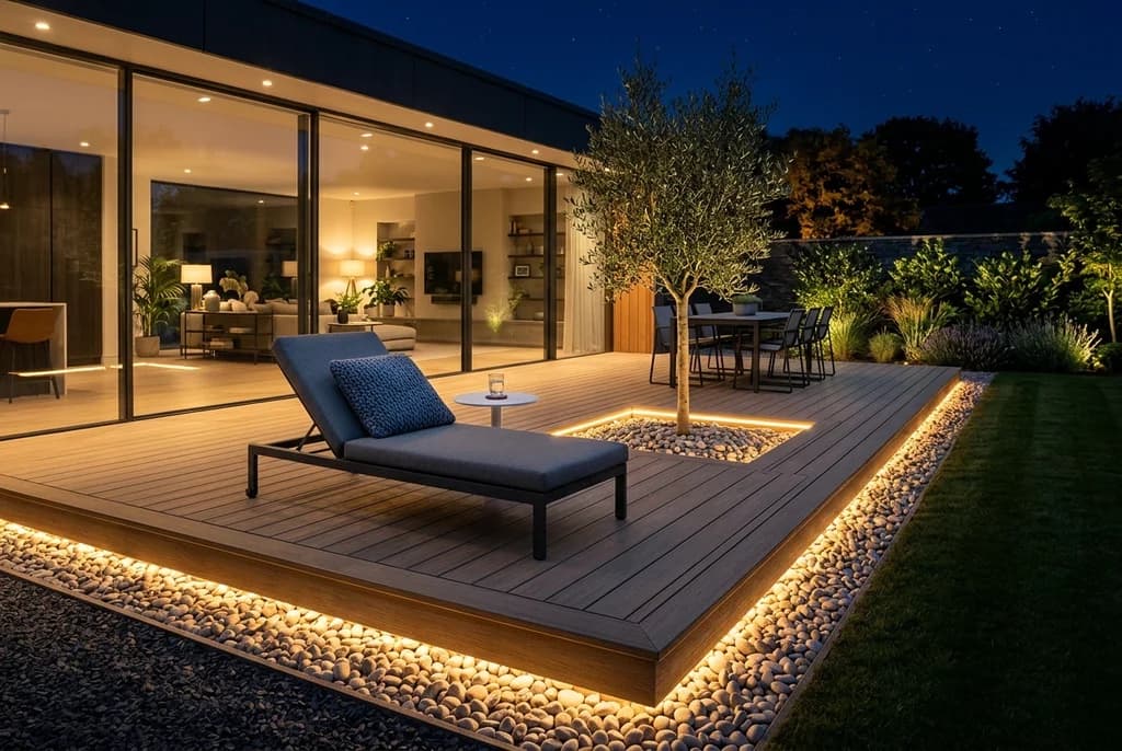 Floating composite deck over river pebbles with an inset olive tree and LED underglow in Del Mar