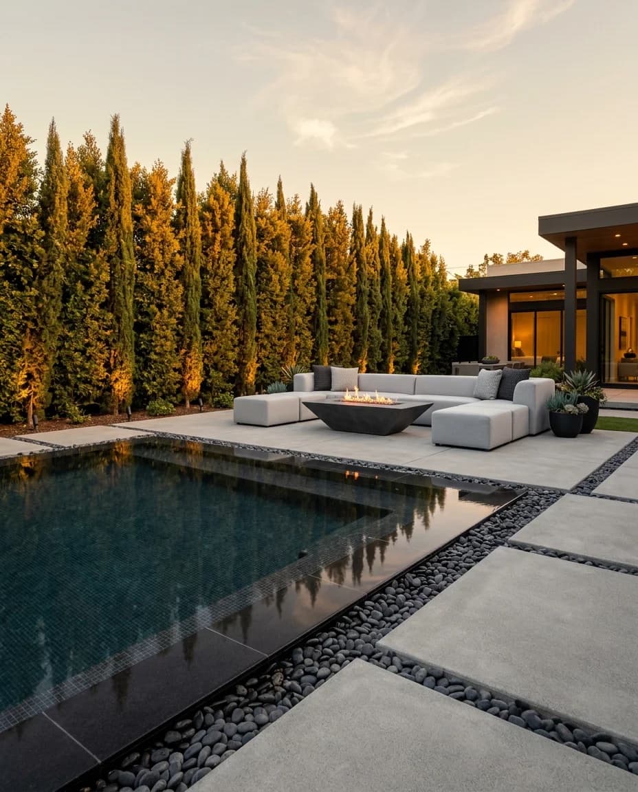Paver pool deck with pebble inlay bands backed by a wall of uplit cypress in Del Mar