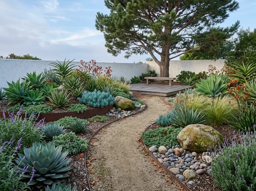 Decomposed-granite path winding through agave and boulder planting beds in Encinitas