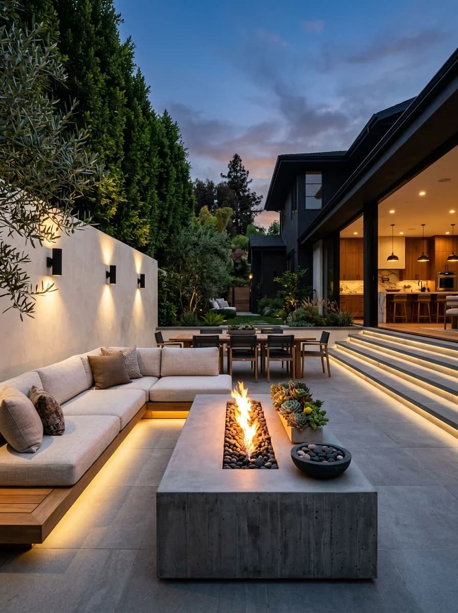 Lounge terrace in Encinitas with a linear concrete fire table, teak platform, and olive tree at dusk