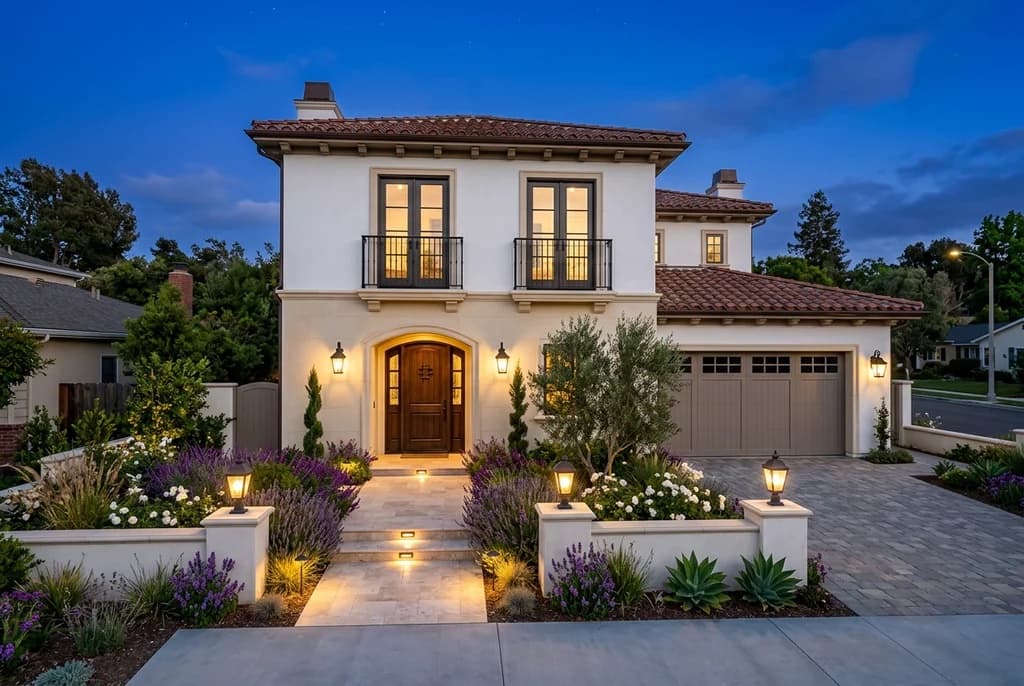Travertine entry walkway and lantern-lit garden walls at a new Mediterranean build in Irvine