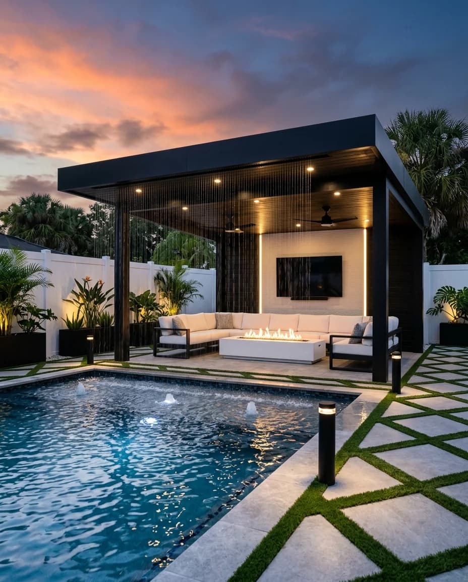 Black flat-roof cabana with a rain-curtain water feature over a lattice-set pool deck in La Jolla