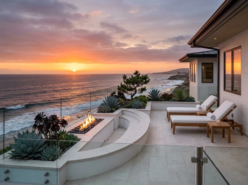 Limestone terrace with a glass rail and linear fire feature overlooking the Pacific in La Jolla