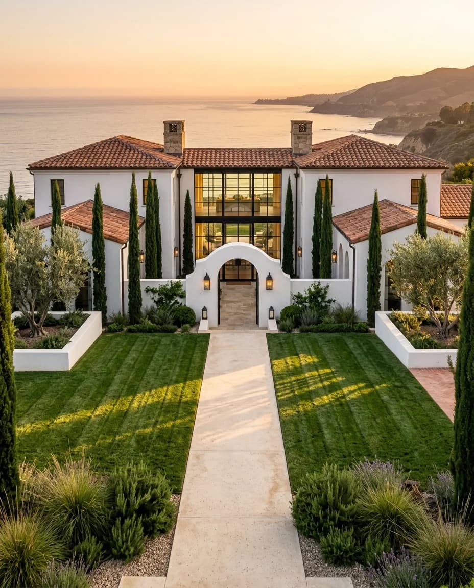 Striped lawn and cypress-lined walkway framing an ocean view at a Laguna Beach estate