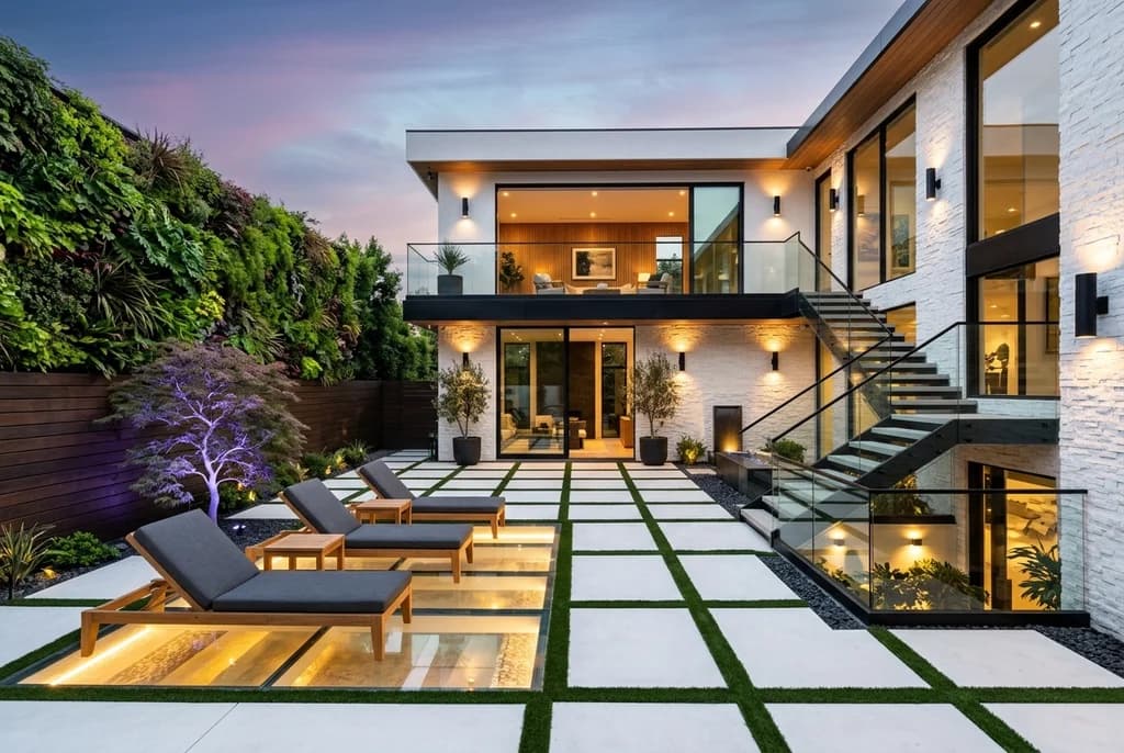 Contemporary Los Angeles courtyard with lit glass floor panels, ledgestone walls, and a living green wall