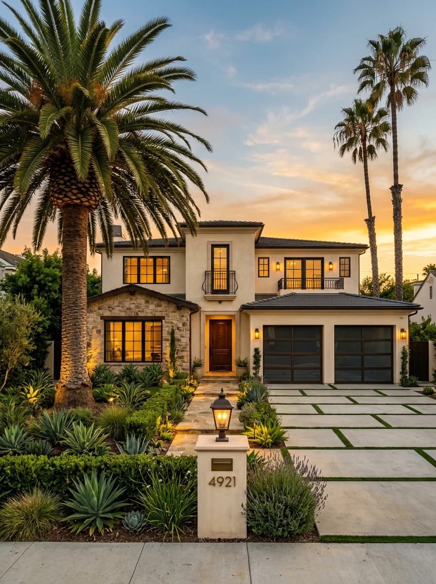 Grass-jointed concrete driveway edged with agaves and uplit palms at a Los Angeles home