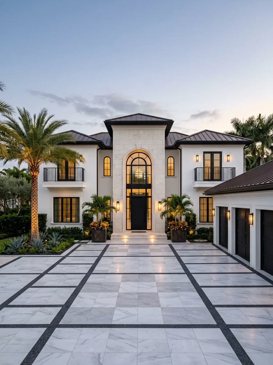 Checkerboard paver motor court with uplit palms at a white Mediterranean home in Newport Beach