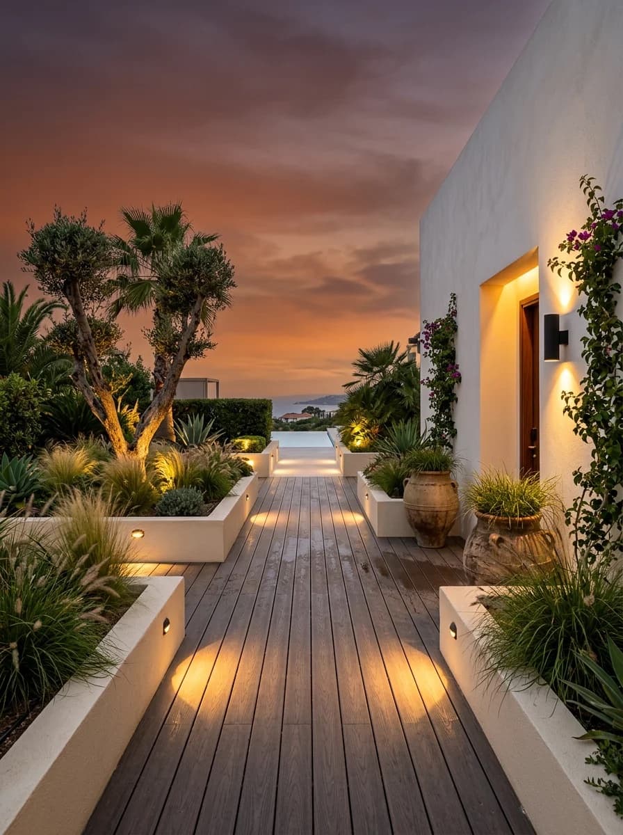 Lit garden walkway running between raised planters and uplit trees at sunset in Pasadena