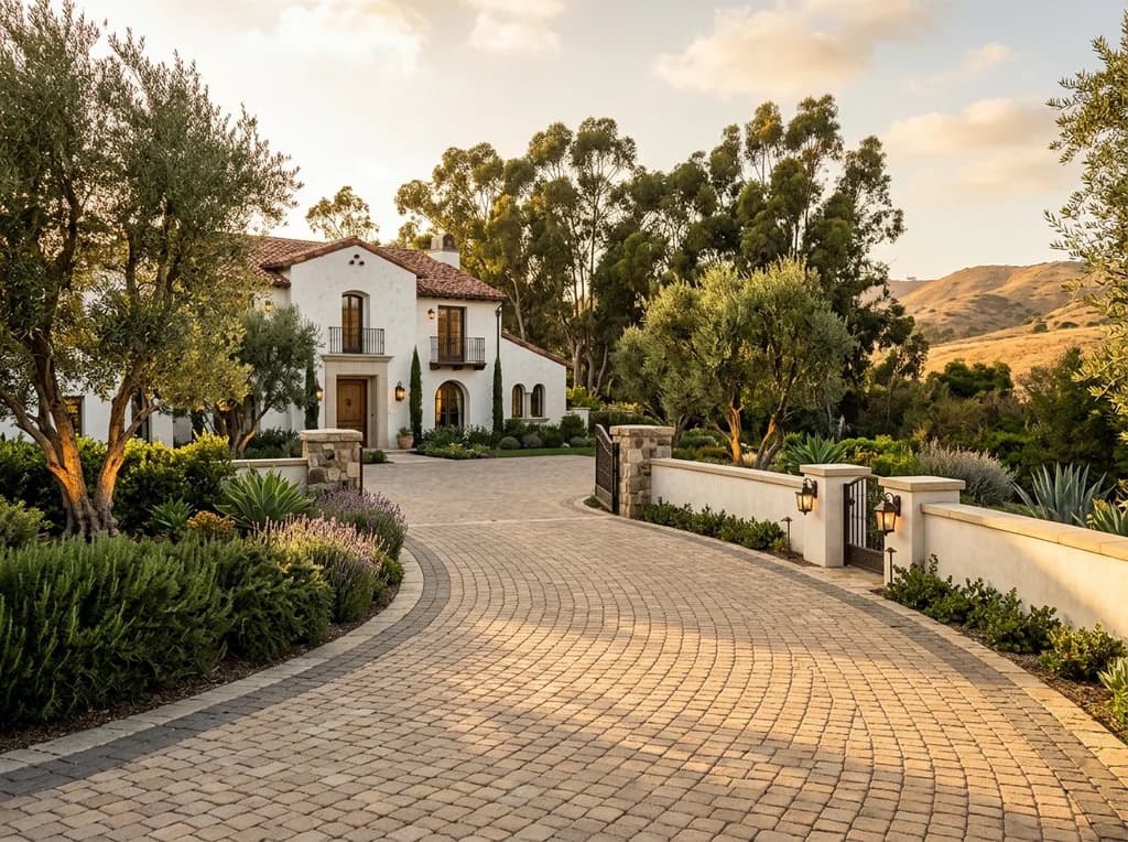 Fan-pattern paver motor court lined with uplit olive trees at a Rancho Santa Fe estate
