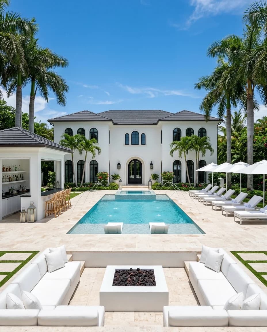 Travertine pool terrace with a sunken white fire lounge and cabana bar in Rancho Santa Fe