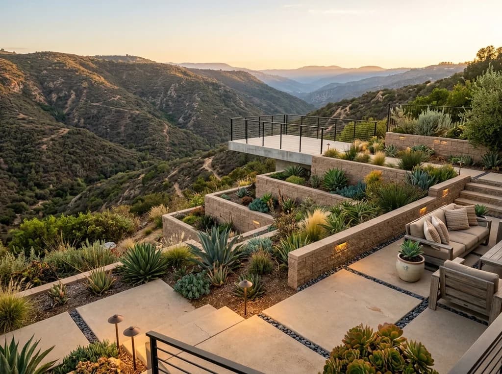 Terraced split-face retaining walls planted with agaves stepping down a canyon slope in San Diego