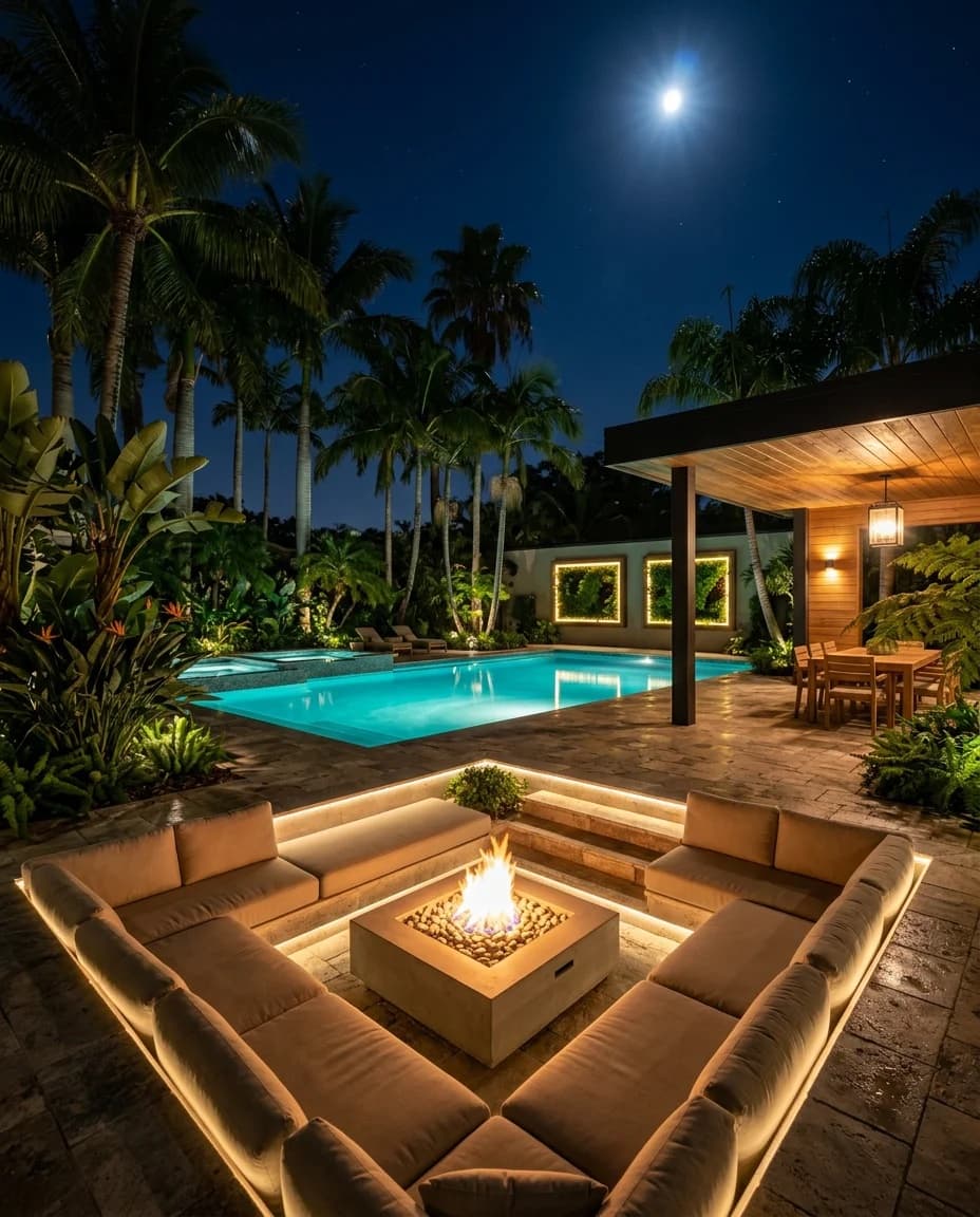 Sunken fire lounge on a stone pool deck under mature palms at night in San Diego