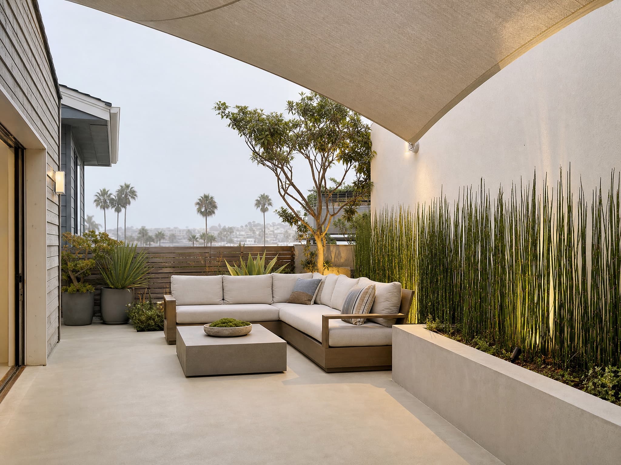 Terraced hillside in Sherman Oaks with block retaining walls, gabion base, and agave planting