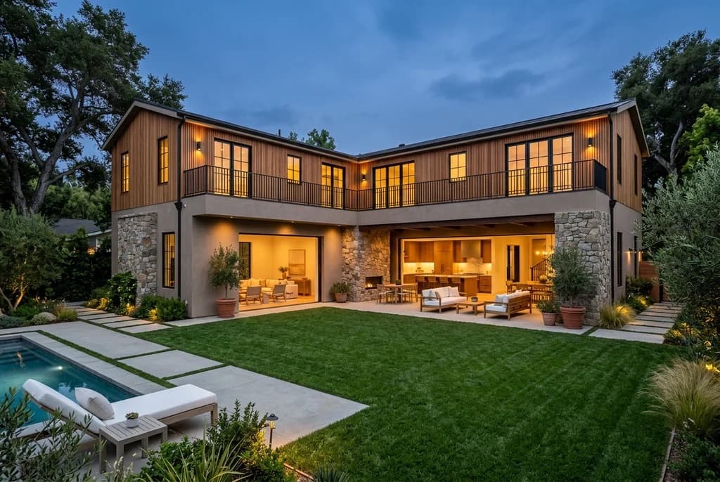 Flat emerald lawn bordered by concrete seating terraces below a wood-slat estate in Studio City