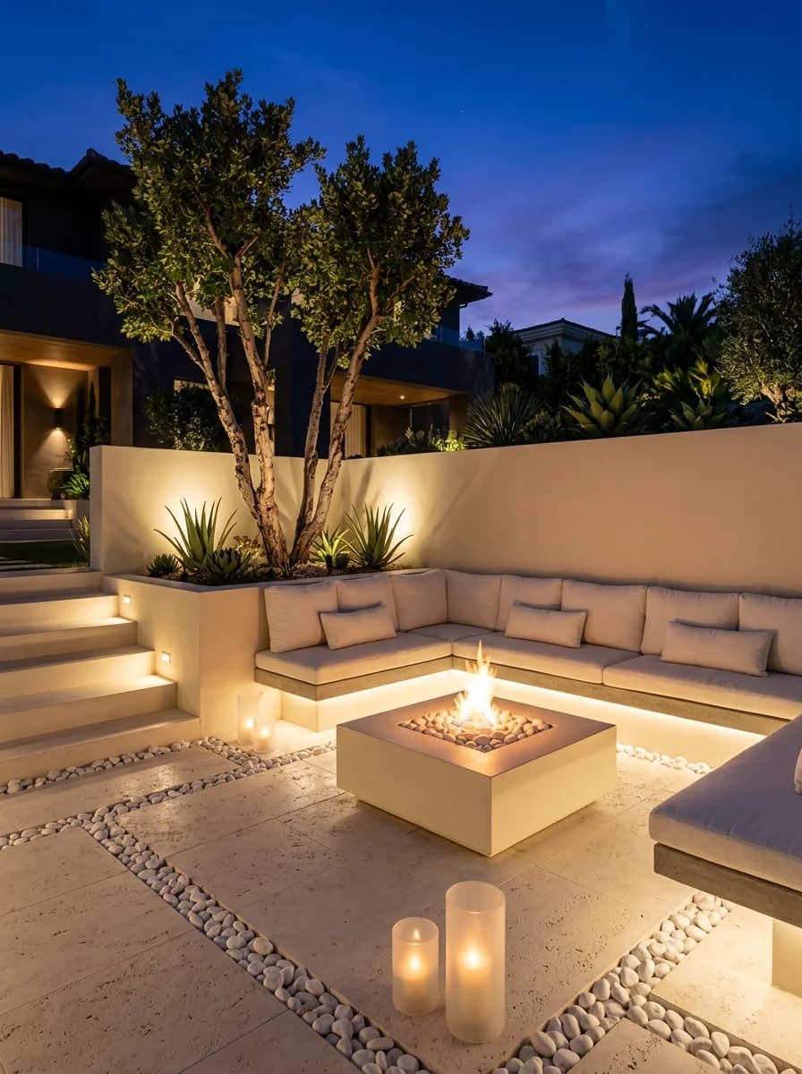 Sunken lounge with a pebble fire table and built-in bench lit at night in Woodland Hills