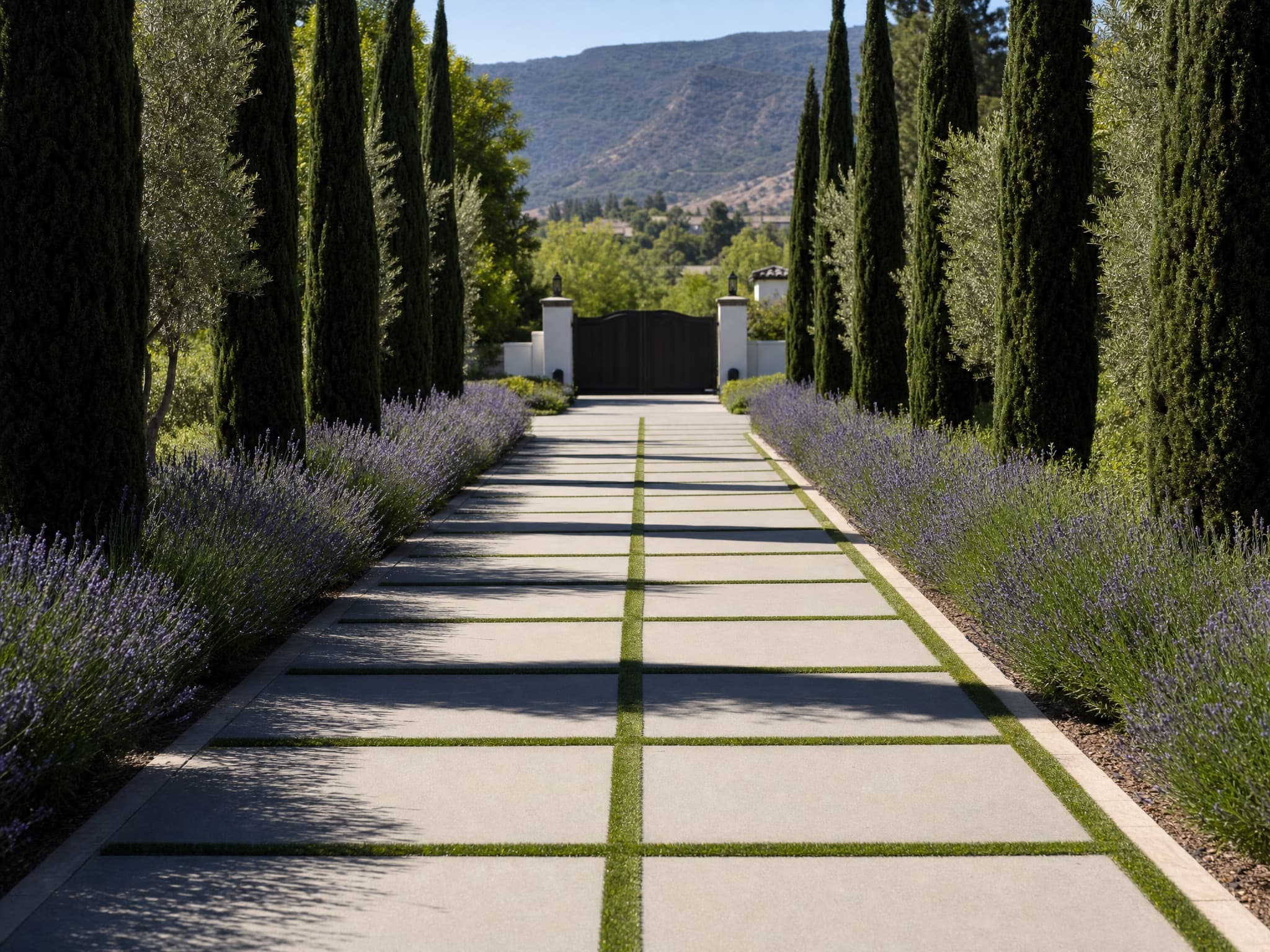Formal entry drive in Woodland Hills with grass-jointed pavers, lavender borders, and cypress