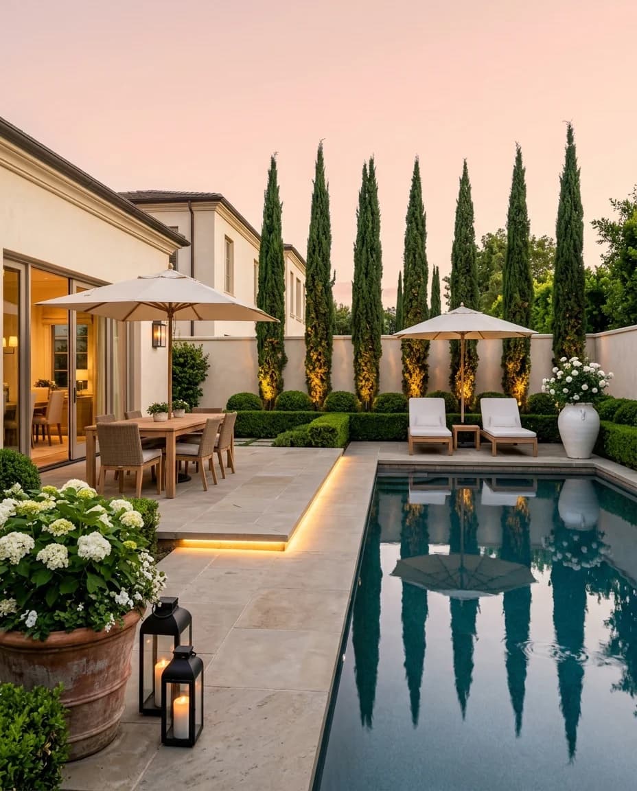 Cypress-screened courtyard in Yorba Linda with shaded loungers and a stone ledge step at dusk