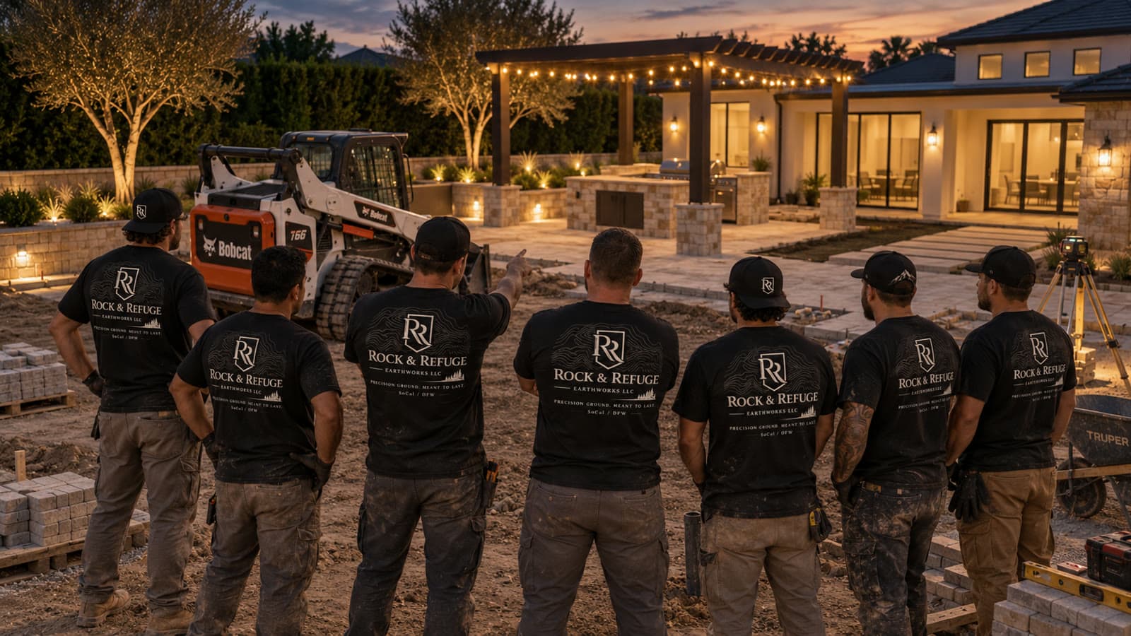 The seven-man Rock & Refuge Earthworks crew in branded shirts standing on a job at dusk, a Bobcat skid steer and stacked pavers behind them and a lit house beyond