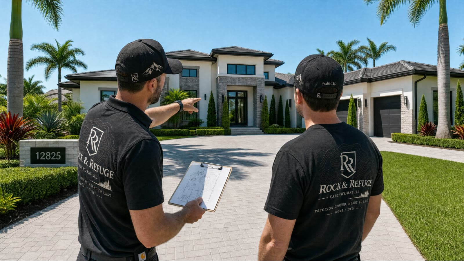 Ryan and Tyler, the two owners of Rock & Refuge Earthworks, in branded black tees and caps on a paver driveway, reviewing a sketch on a clipboard in front of a client's home