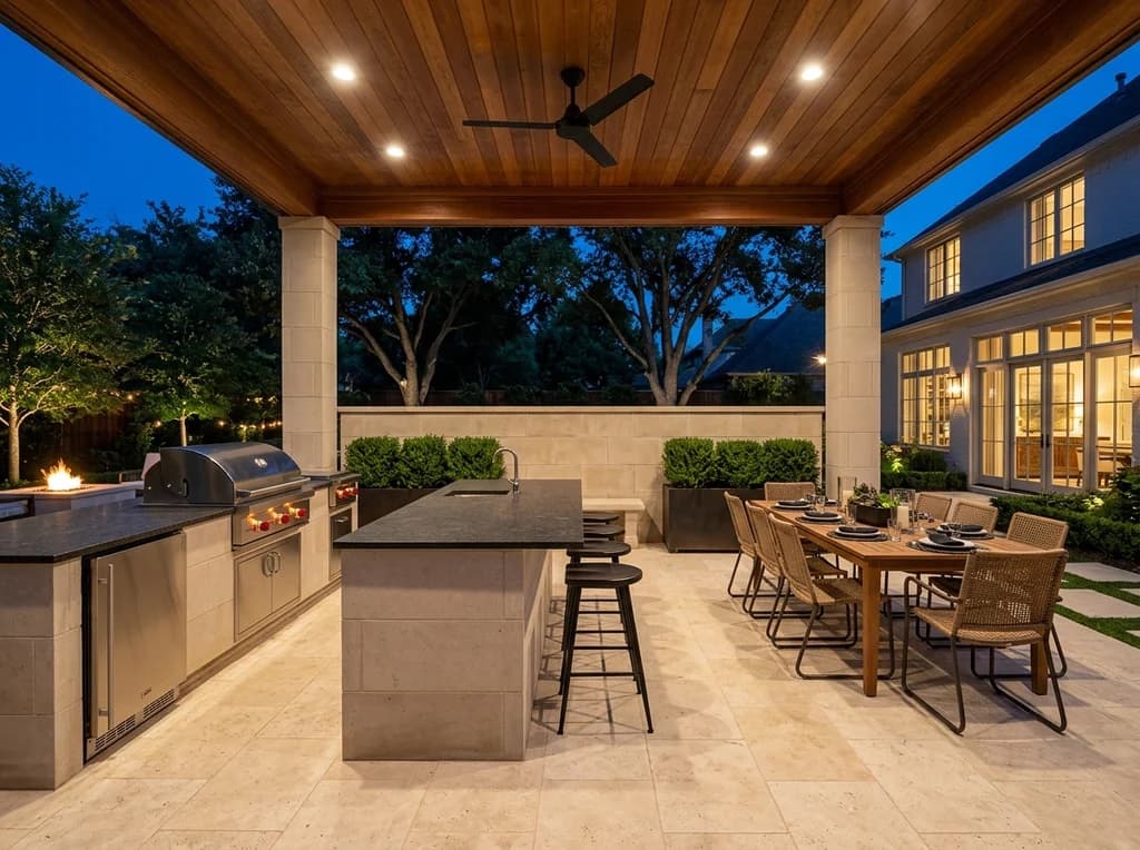 Limestone-clad outdoor kitchen island under a cedar-ceilinged pavilion in Dallas at dusk
