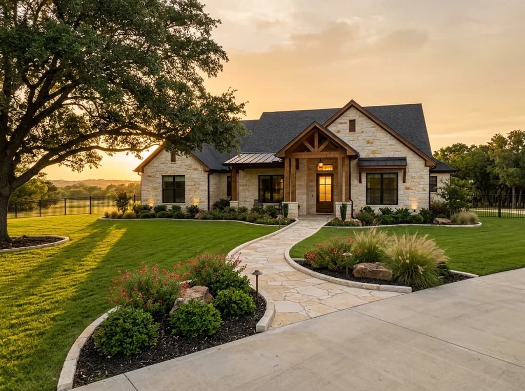 Cream flagstone walkway curving to a limestone ranch home under a live oak in Fort Worth at sunset