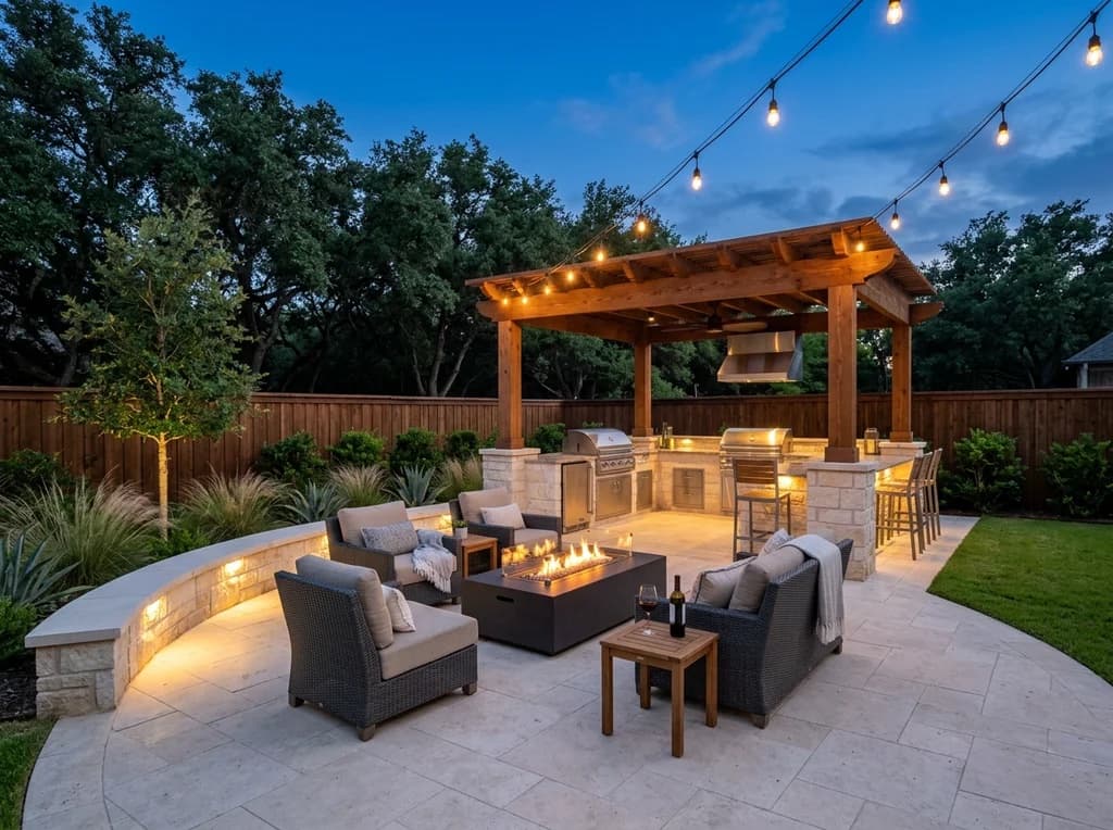 Limestone paver terrace with a gas fire table and cedar pergola outdoor kitchen in Fort Worth at dusk