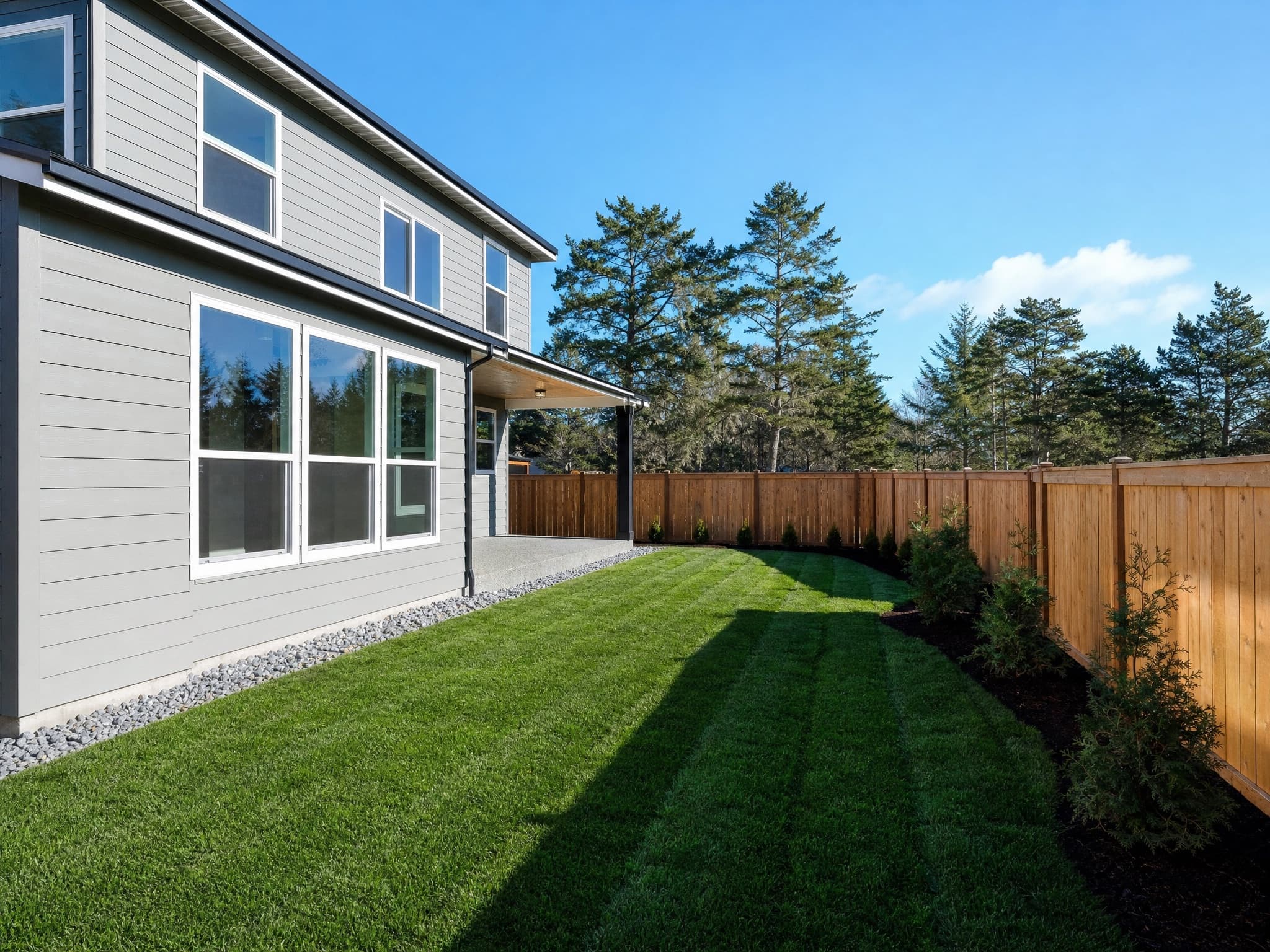 Fresh striped sod and new cedar fence behind a new-build home in Frisco
