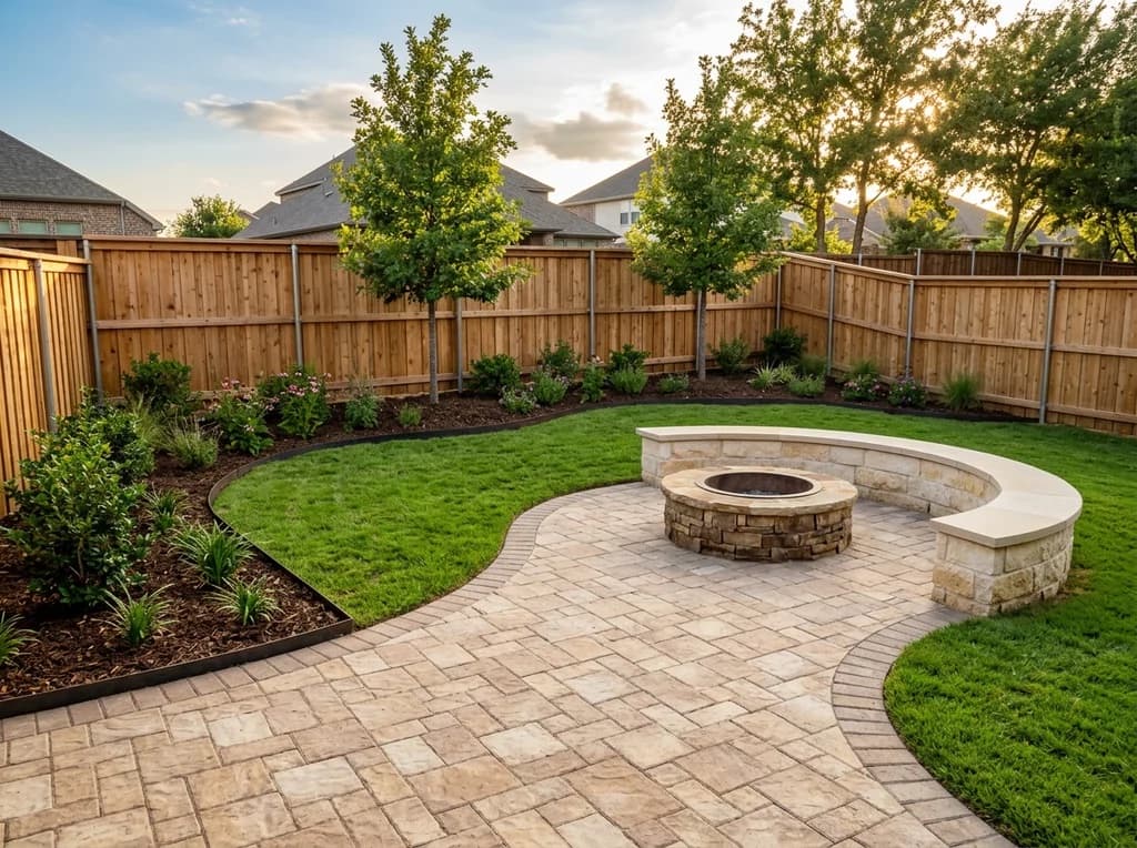 Freshly built paver patio with a stacked-stone fire pit and new sod behind a cedar fence in Plano