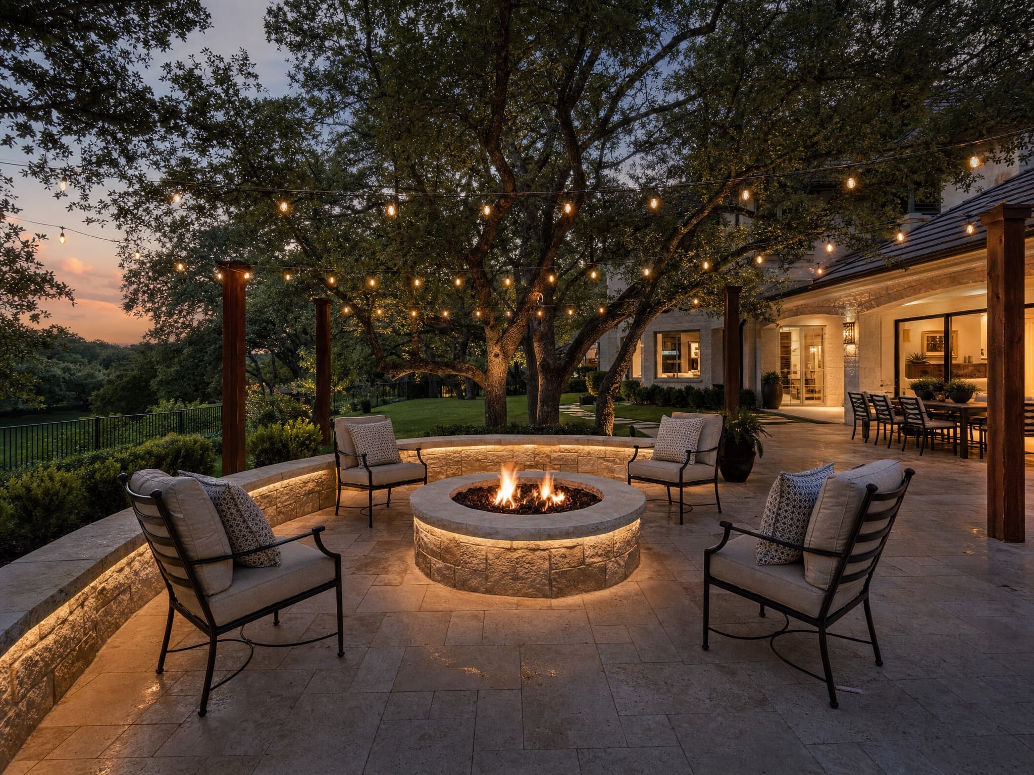 Travertine patio with a round stone fire pit under string lights at dusk in Preston Hollow