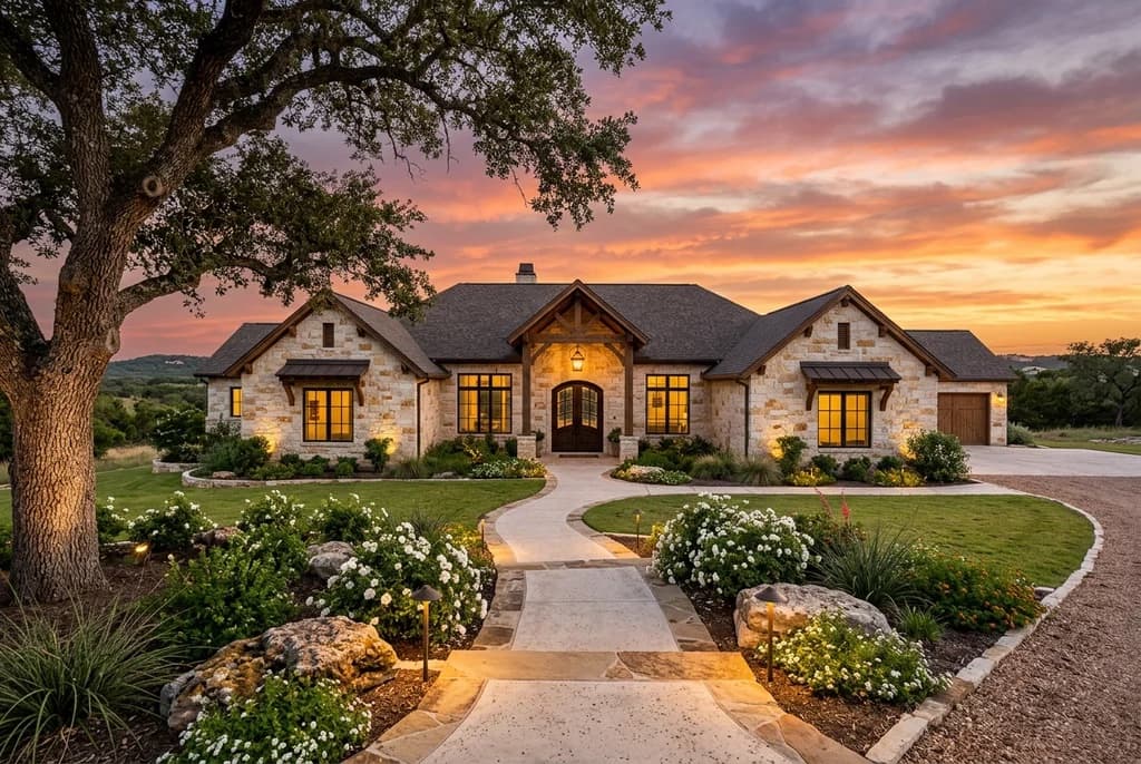 Curved walkway and stone-edged planting beds leading to a limestone ranch home in Southlake at sunset